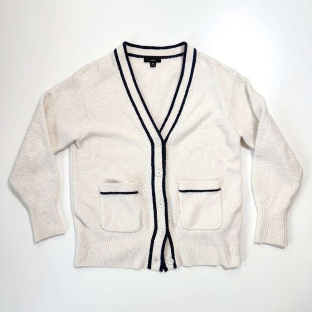 J.Crew Boucle Collegiate Preppy Cardigan Womens Ivory Navy Contrast Tipping XS‎